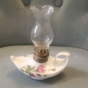 Porcelain Floral Chamberstick Oil Lamp with Glass Chimney